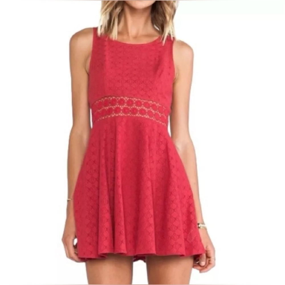 FREE PEOPLE Red Orange Perforated Waist‎ Lace Fit & Flare Skater Dress Womens 4